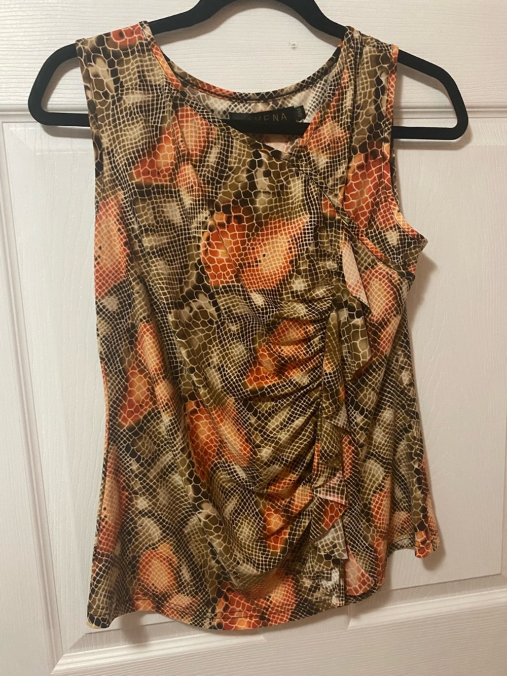 Nina Leonard Orange Brown Sleeveless Ruched Animal-Print Tank